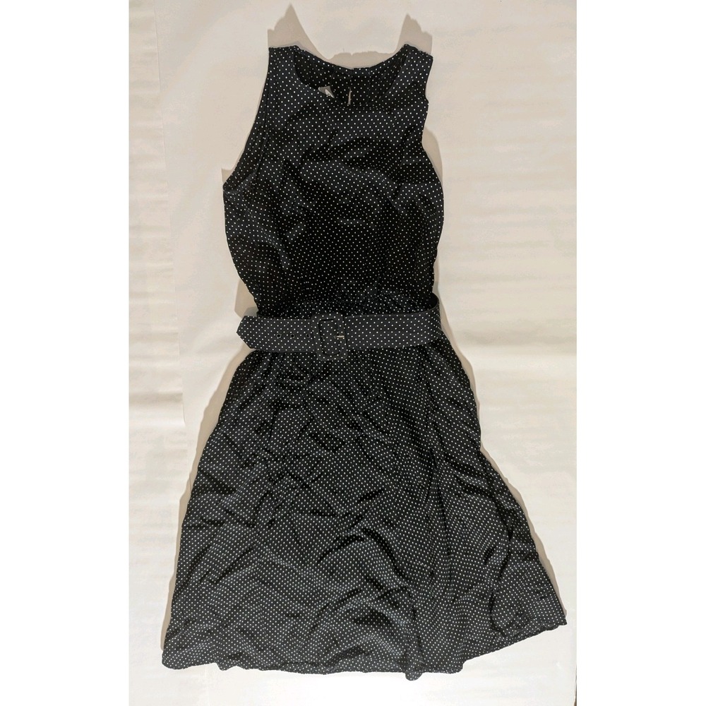 Womens Black Polka Dot Dress Belted Waist Retro Minimalist Indie size 9/10